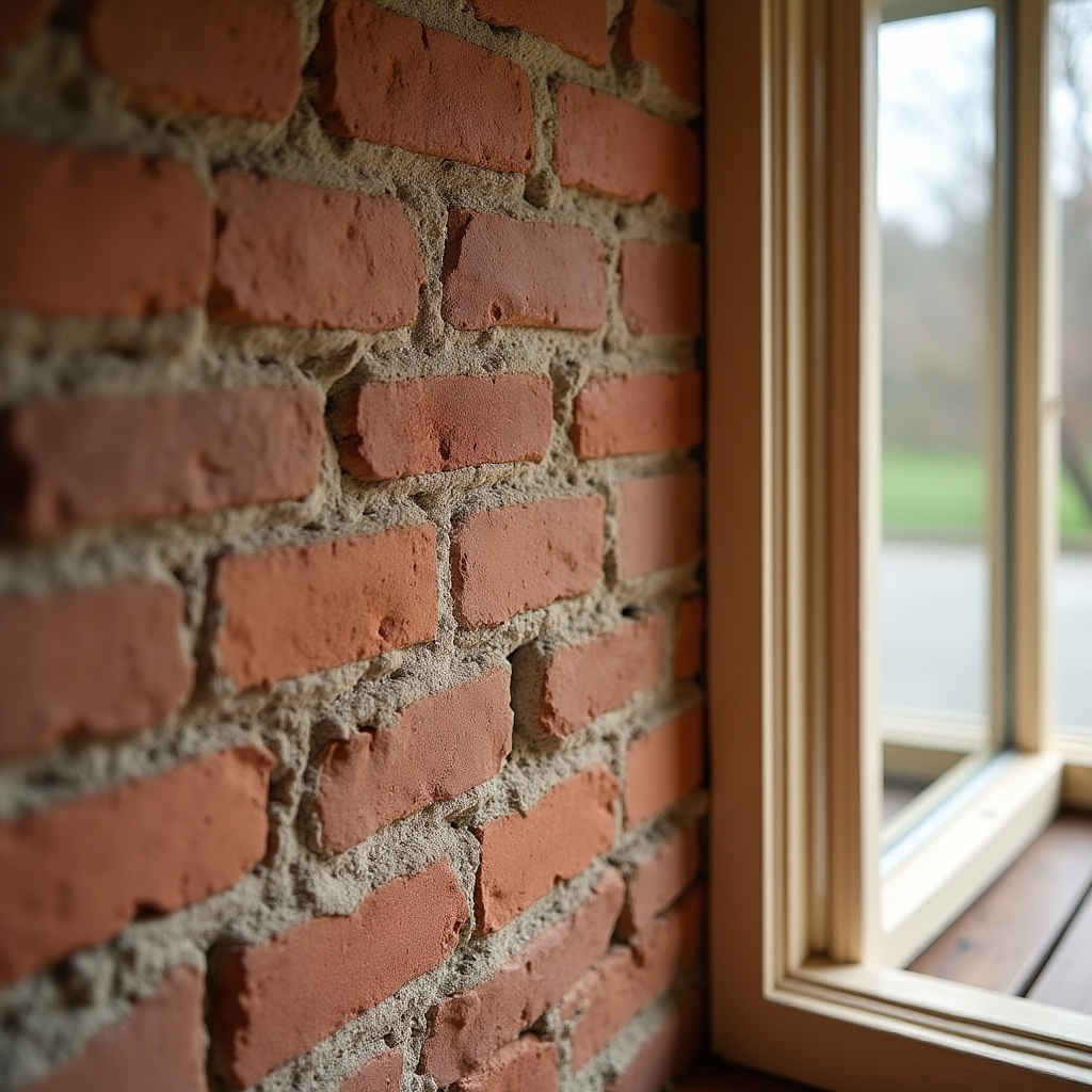 Close up detail of restored original brickwork against new timber joinery