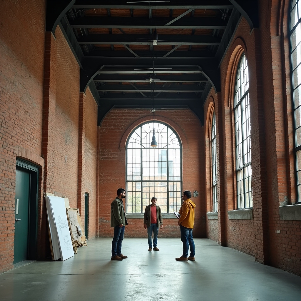 Renovated brick warehouse converted into a bright open workspace with exposed steel beams