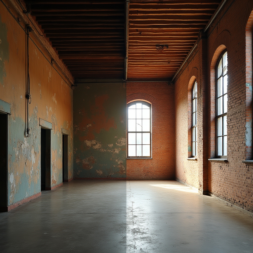 Split view of a warehouse building before renovation on one side and converted modern interior on the other